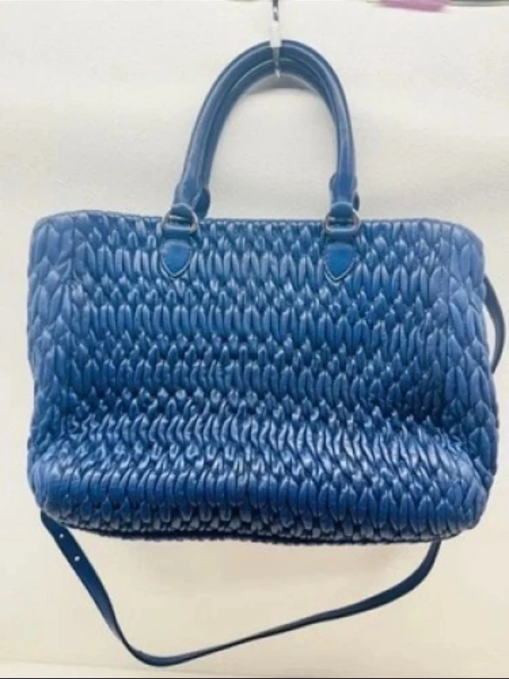Miu Miu Quilted Blue Leather Satchel with Shoulder Strap